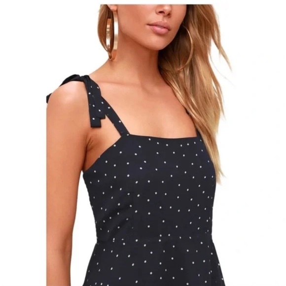 Lulus NWT Babydoll Polka Dot Bow Straps Navy Blue Ruffle Mini Dress Size XL - Picture 2 of 11